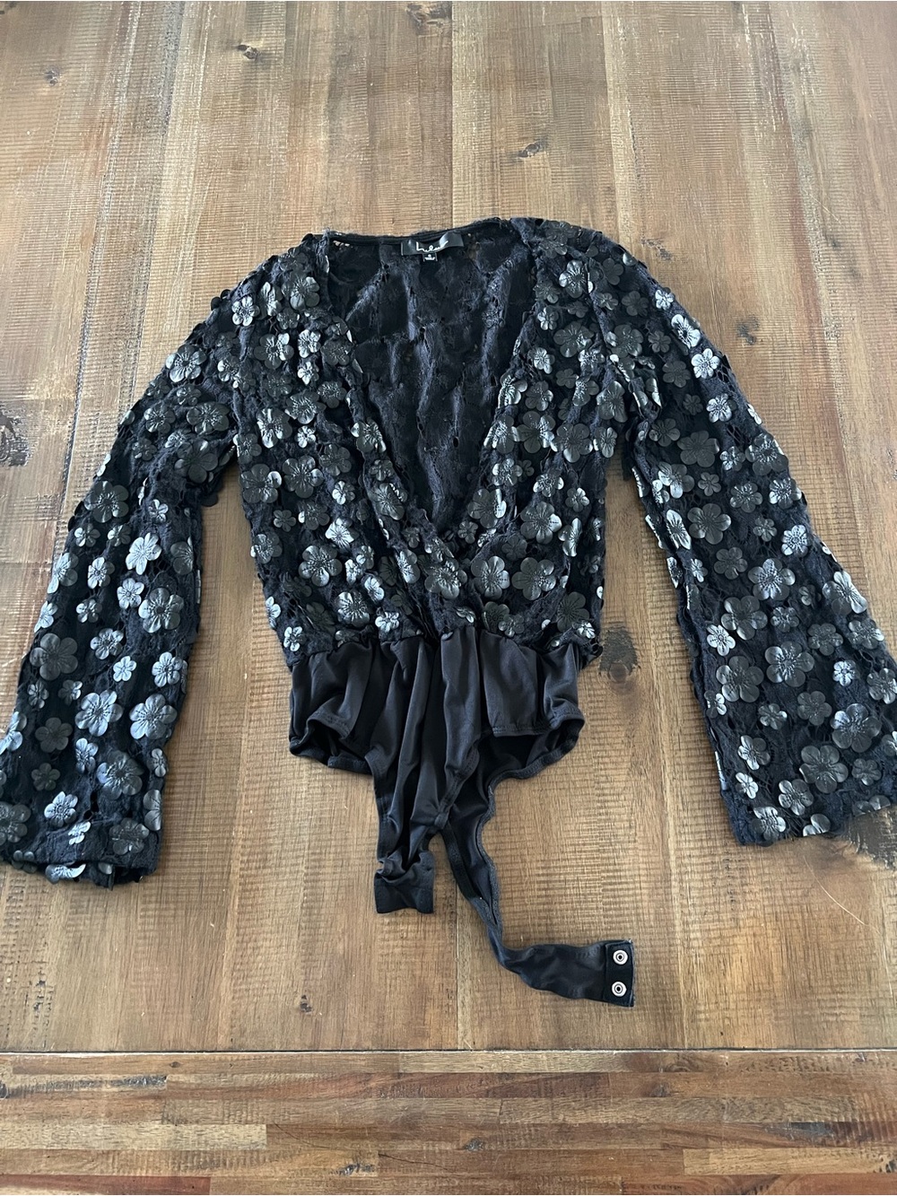 Lulu's Black Floral Sequin Wrap Bodysuit